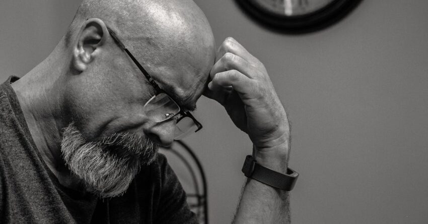 Black and white portrait of a thoughtful bald man indoors, capturing a moment of reflection with a wall clock in the background.