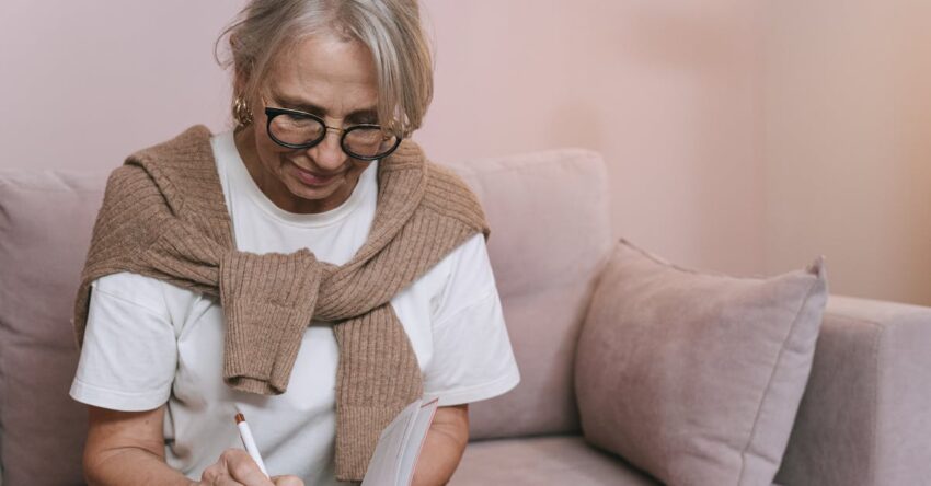Senior woman with glasses writing in a notebook while sitting on a couch indoors.